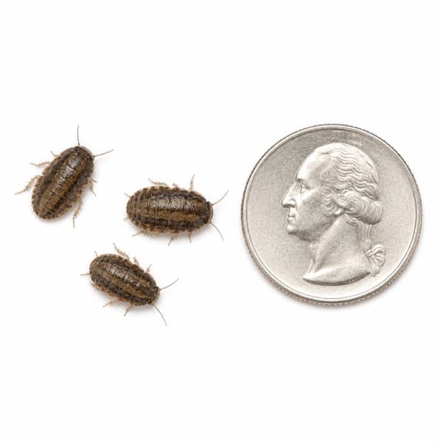Three small dubia roaches beside a US quarter on a white background, each noticeably narrower than the coin