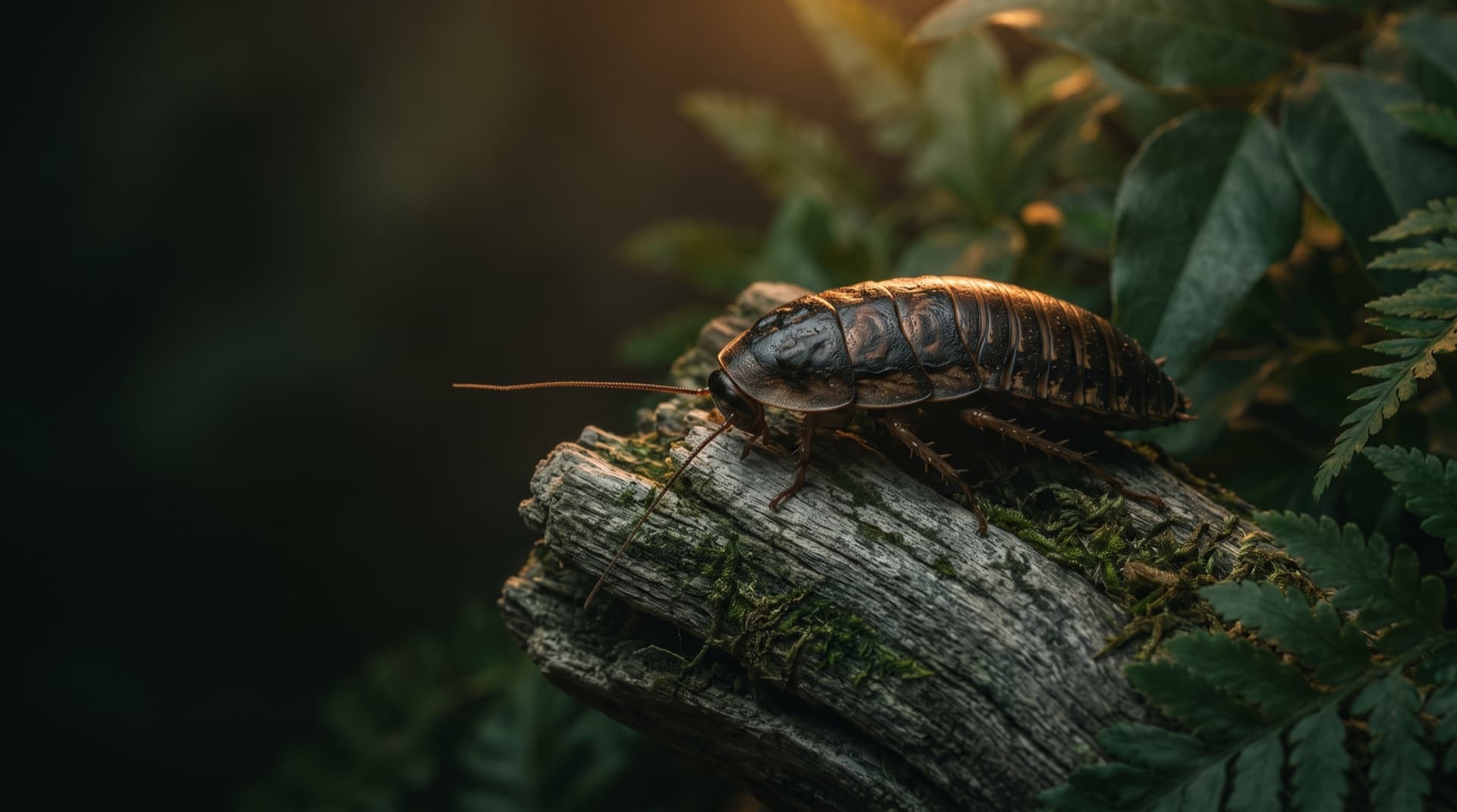 Illustration of a dubia roach resting calmly on weathered wood